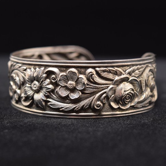 S Kirk & Son Jewelry - Vintage S Kirk Son Sterling Repousse Floral Cuff Bracelet Silver Flower Relief